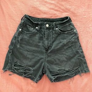 Distressed black denim shorts
